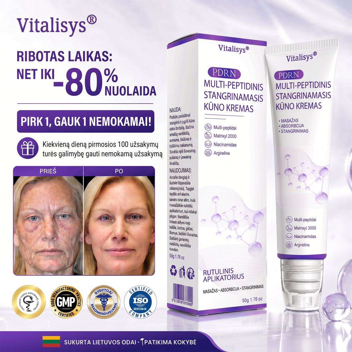 Ekspertų rekomenduojama🥦 |🌥️Vitalisys® PDRN“daugiapeptidis masažuojamasis kūno kremas – Anti-senėjimo, drėkinamasis,stangrinamasis,odą regeneruojantis,sulyginantis,spuogų ir dėmių šalinimo,karpų ir apgamų šalinimo, psoriazės palengvinimo priemonė.👒